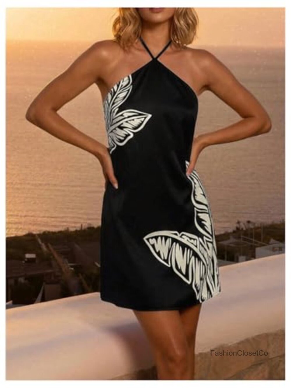 Boho Tropical Halter Mini Dress Tie Backless Summer Beach Vacation - Picture 5 of 5